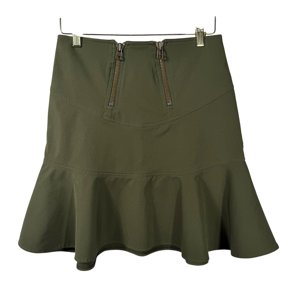 BOBO Bourgeois Boheme Olive Green Flounce Hem Mini Skirt Size‎ Medium Zippers